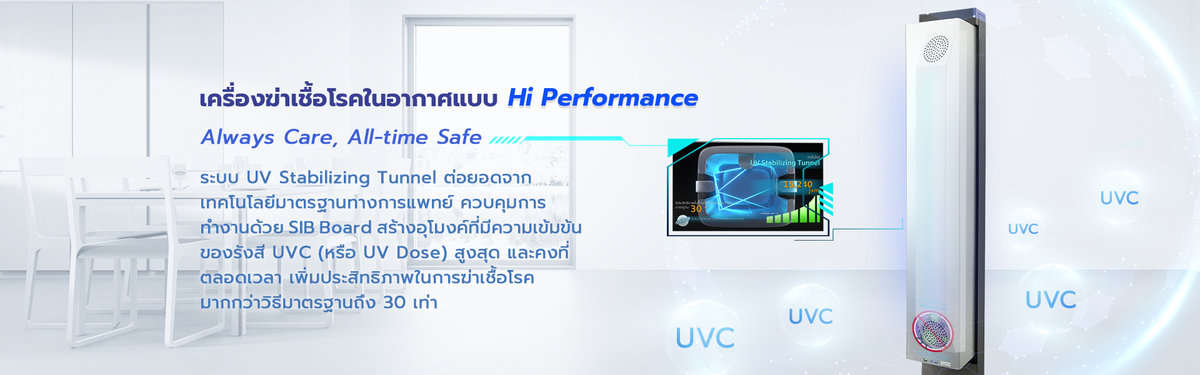 UV Care254 Airflow เครื่องฆ่าเชื้อโรคในอากาศ แบบ Hi Performance Always Care, All-time Safe ระบบ UV Stabilizing Tunnel ต่อยอดจากเทคโนโลยีมาตรฐานทางการแพทย์ ควบคุมการทำงานด้วย SIB Board สร้างอุโมงที่มีความเข้มข้นของรังสี UVC หรือ UV Dose สูงสุด และคงที่ตลอดเวลา เพิ่มประสิทธิภาพในการฆ่าเชื้อโรคมากกว่าวิธีมาตรฐานถึง 30 เท่า
